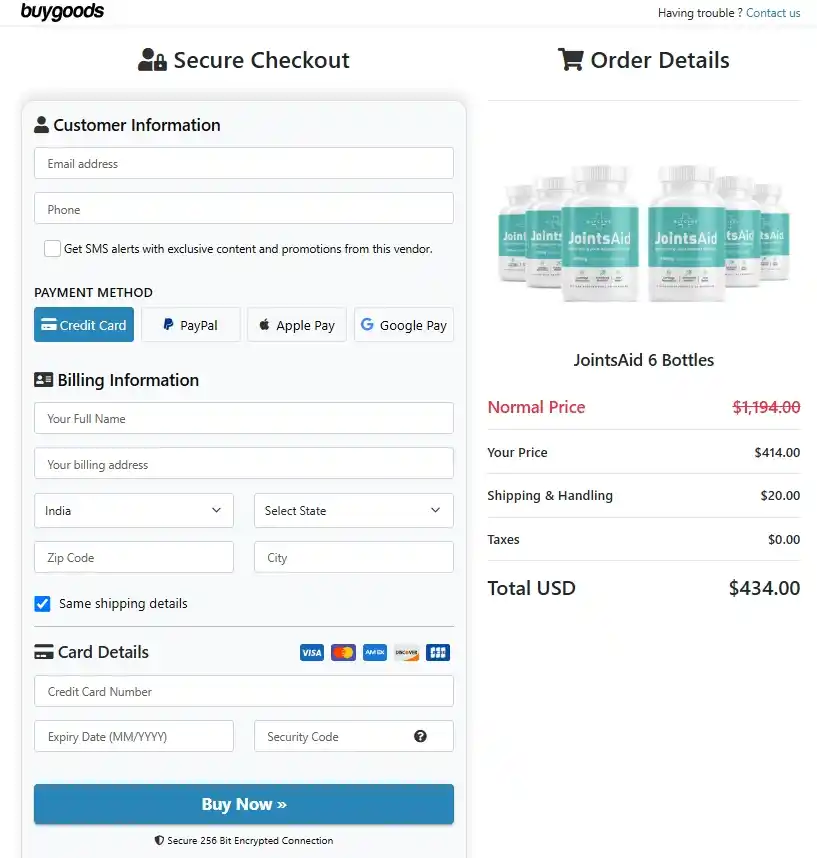 JointsAid Secure Order Page — Checkout