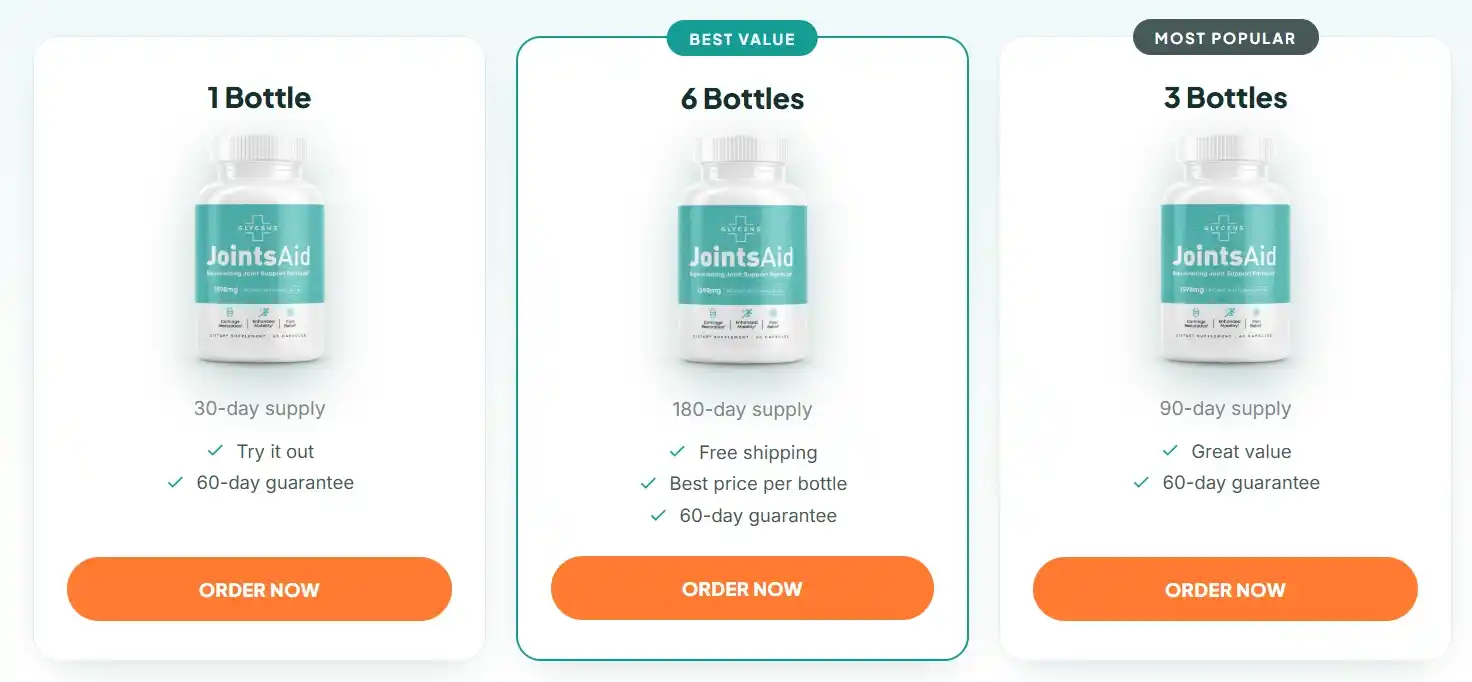 JointsAid Pricing — 1, 3 or 6 Bottle Packages